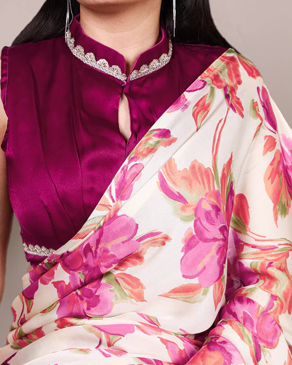 Womenline Pink Color Satin Silk Floral Printed Saree