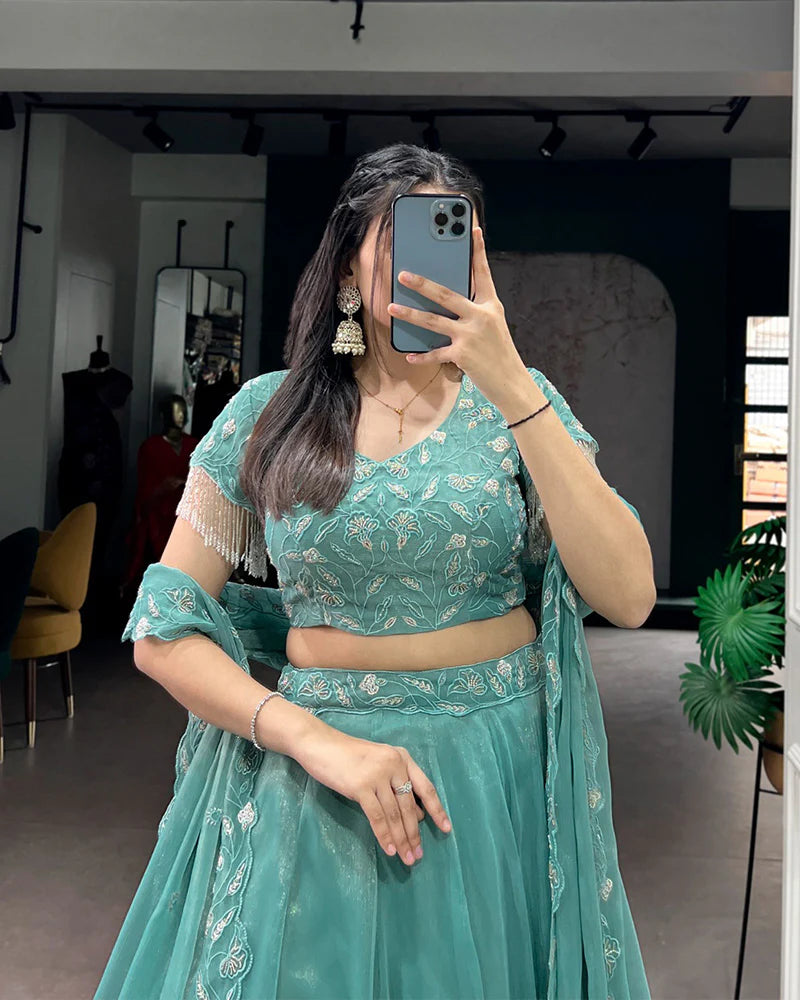 Womenline Sky Blue Color Gold Coin Embroidered Lehenga Choli
