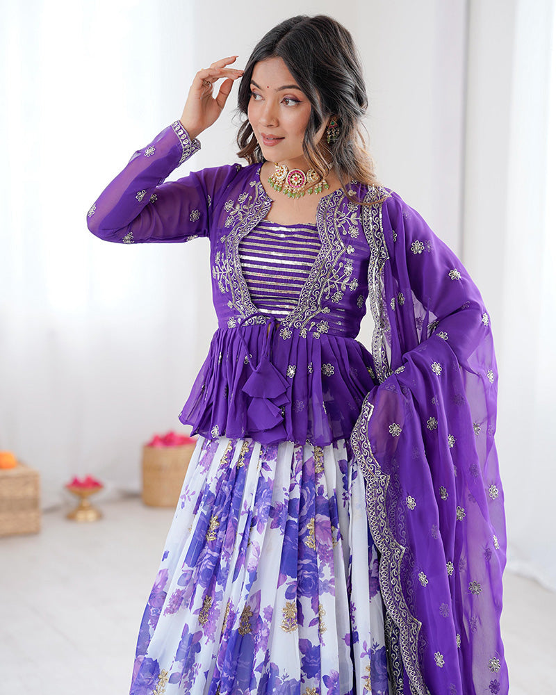 Womenline Purple Color Georgette Printed And Embroidered Lehenga Choli