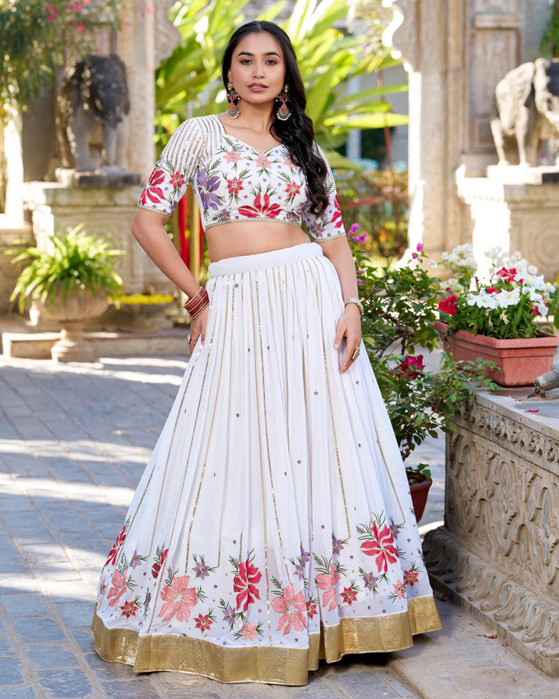 Womenline White Color Georgette Thread Embroidered Lehenga Choli