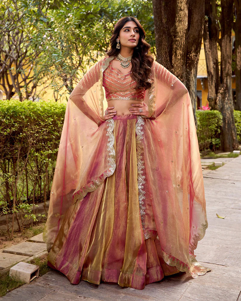 Womenline Pink Color Carika Silk Embroidered Lehenga Choli