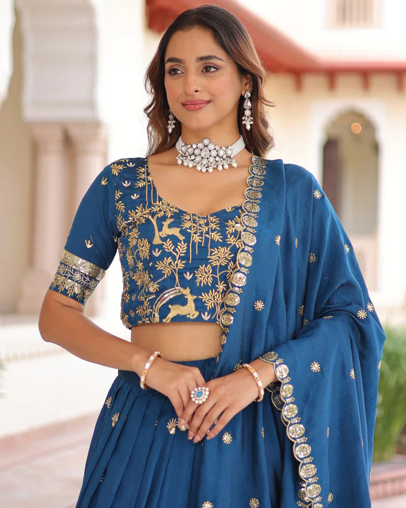 Womenline Peacock Blue Color Vichitra Silk Sequence Embroidered Lehenga Choli