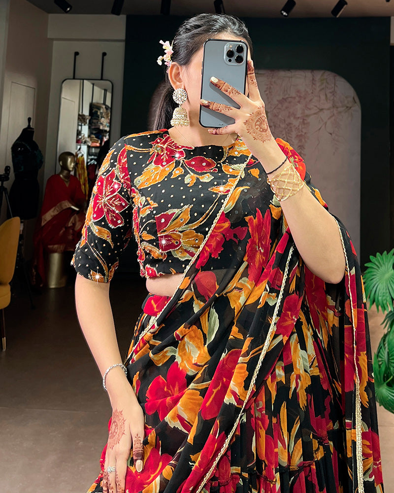 Womenline Black Color Marble Floral Printed Lehenga Choli