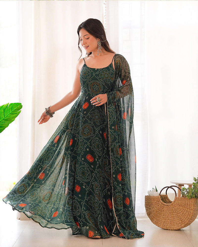 Womenline Floral Dark Green Color Bandhani Print Soft Chiffon Anarkali Gown