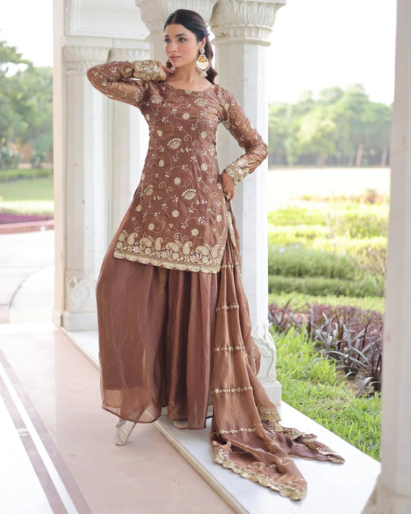 Womenline Coffee Color Fendi Silk Embroidered Sharara Suit