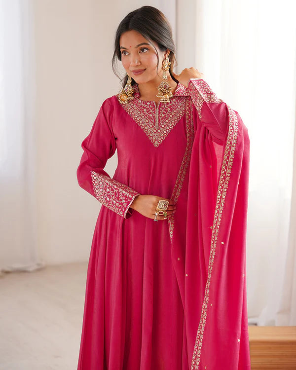 Womenline Rani Pink Color Pure Shimmer Silk Anarkali Suit