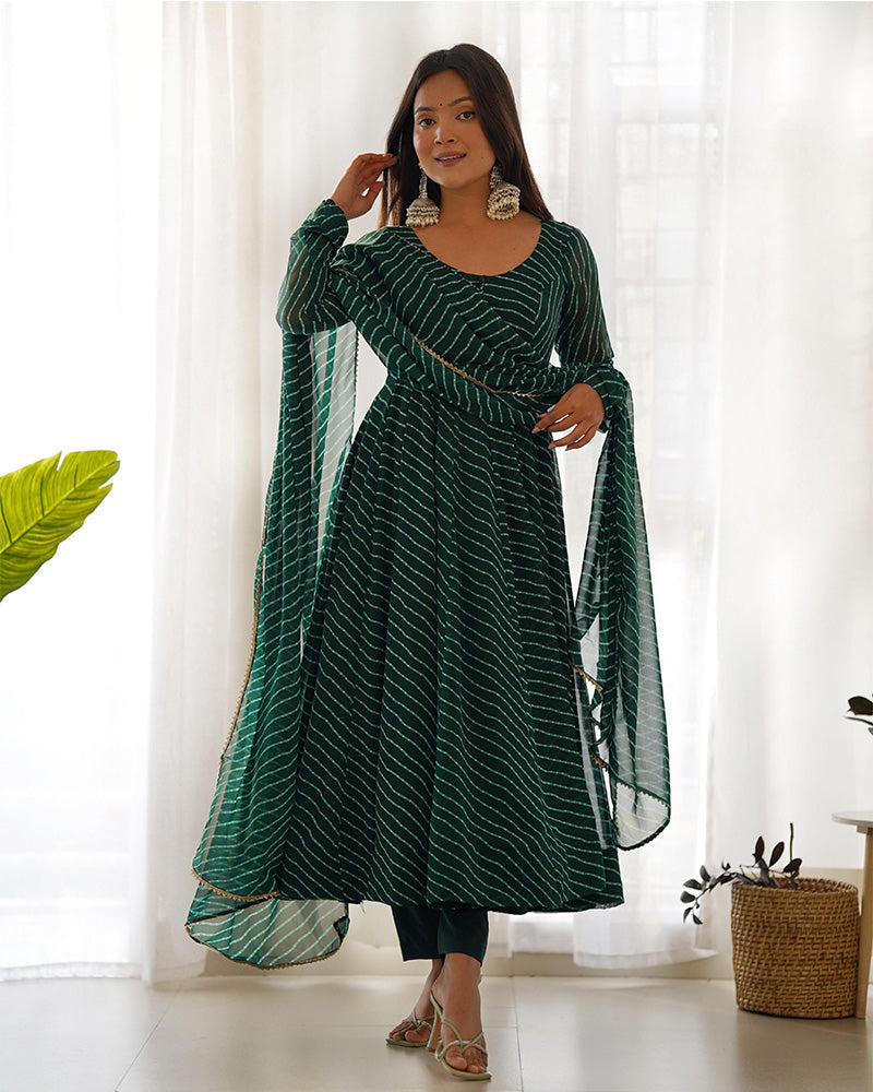 Womenline Green Color Laheriya Print Georgette Three Piece Anarkali Suit