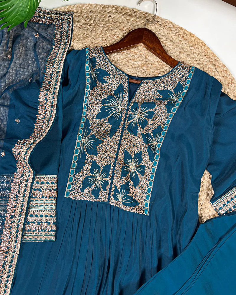 Womenline Teal Green Color Roman Silk Three Piece Kurti Suit