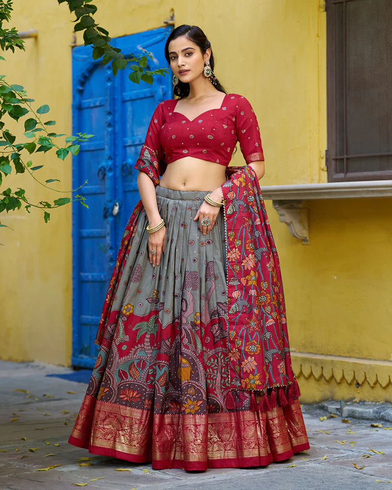 Womenline Grey Color Tussar Silk Kalamkari Printed Lehenga Choli