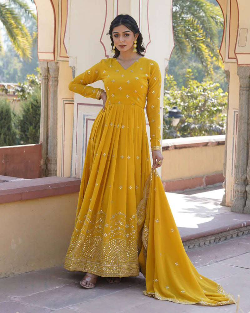 Womenline Yellow Color Full Flair Anarkali Gown With Embroidered Dupatta