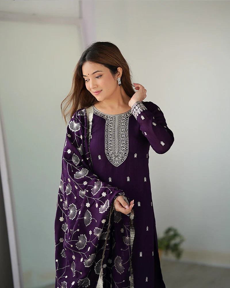 Womenline Purple Color Rangoli Silk Three Piece Kurti Suit