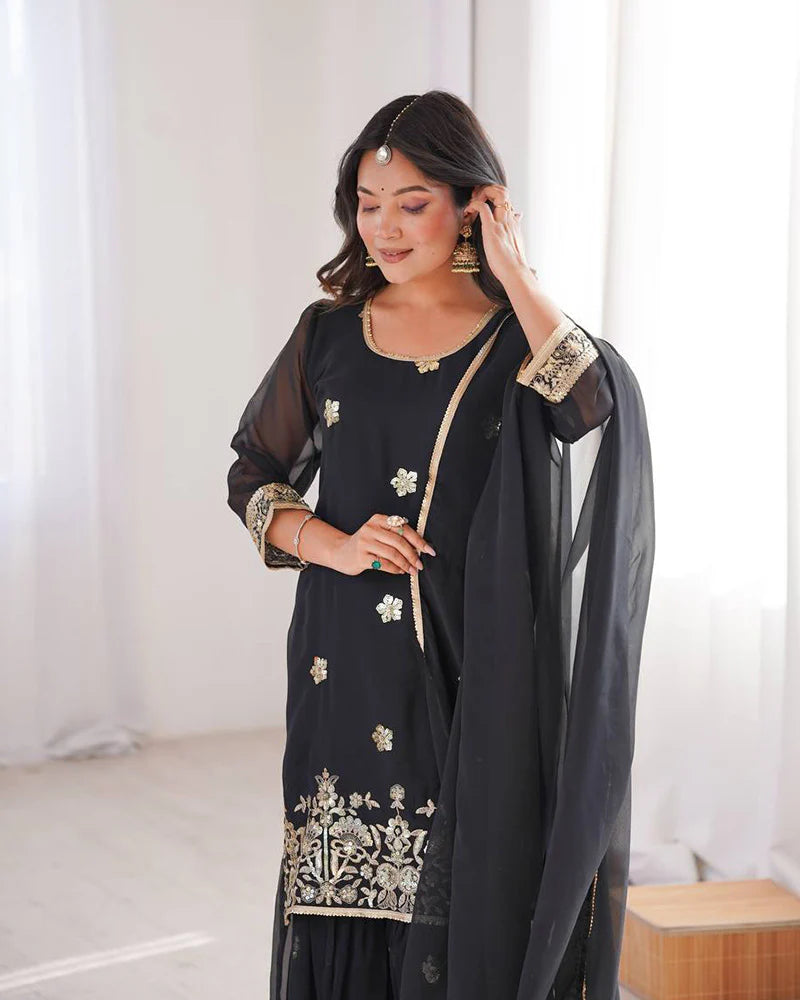 Womenline Black Color Soft Georgette Embroidered Sharara Suit