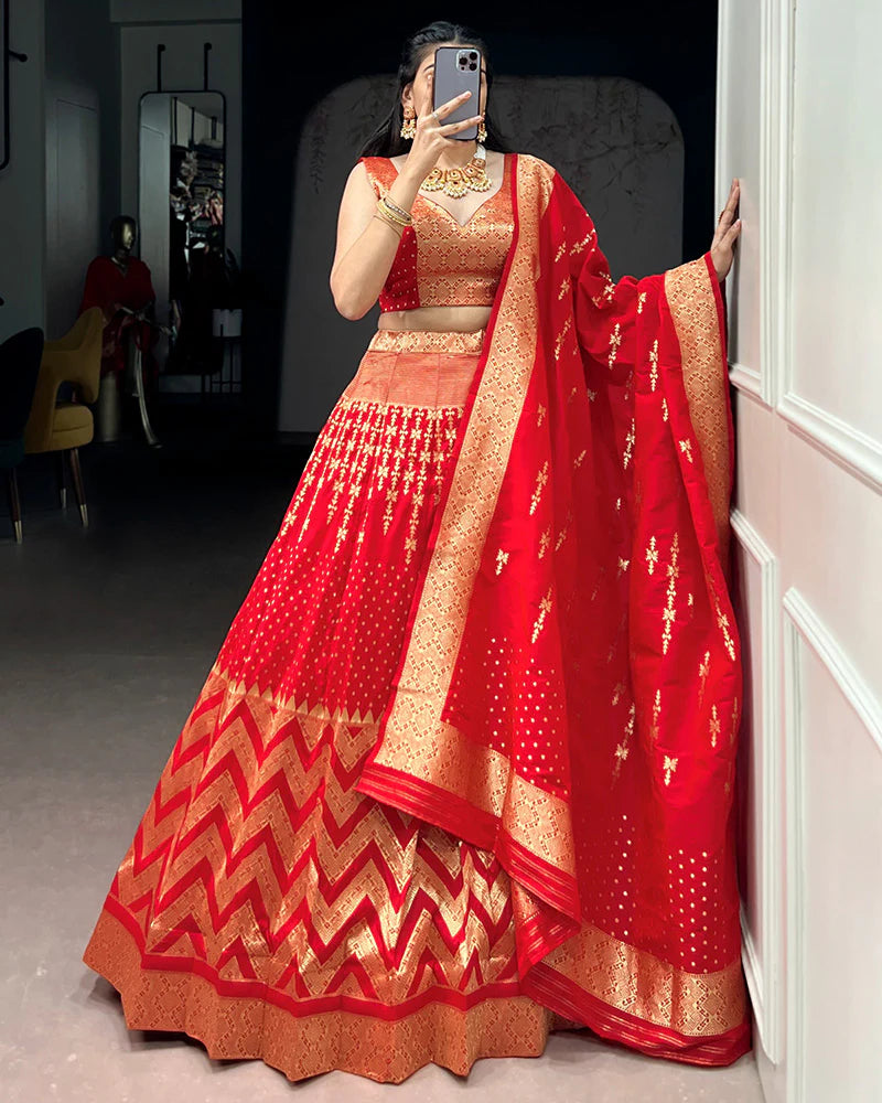 Womenline Red Color Banarasi Silk Zari Weaving Lehenga Choli