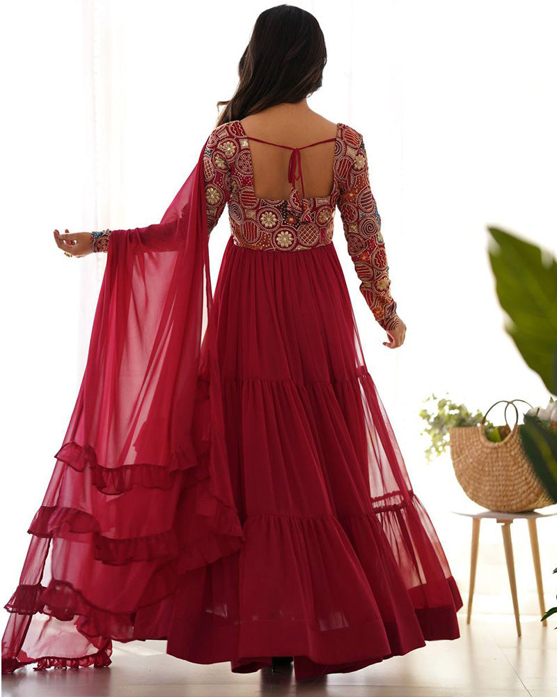 Womenline Maroon Color Soft Georgette Embroidered Anarkali Suit