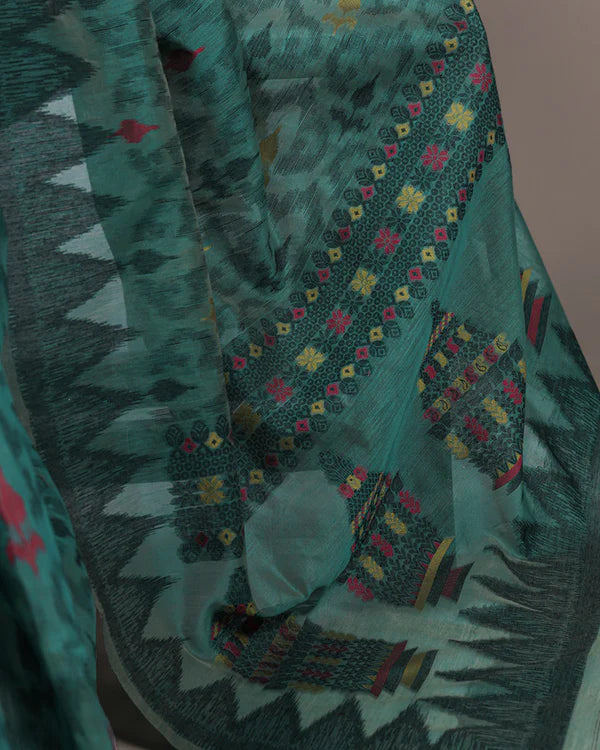 Womenline Teal Green Color Thread Weaving Poly Cotton Saree