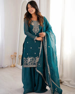 Womenline Teal Blue Color Soft Crunchy Silk Embroidered Plazzo Suit