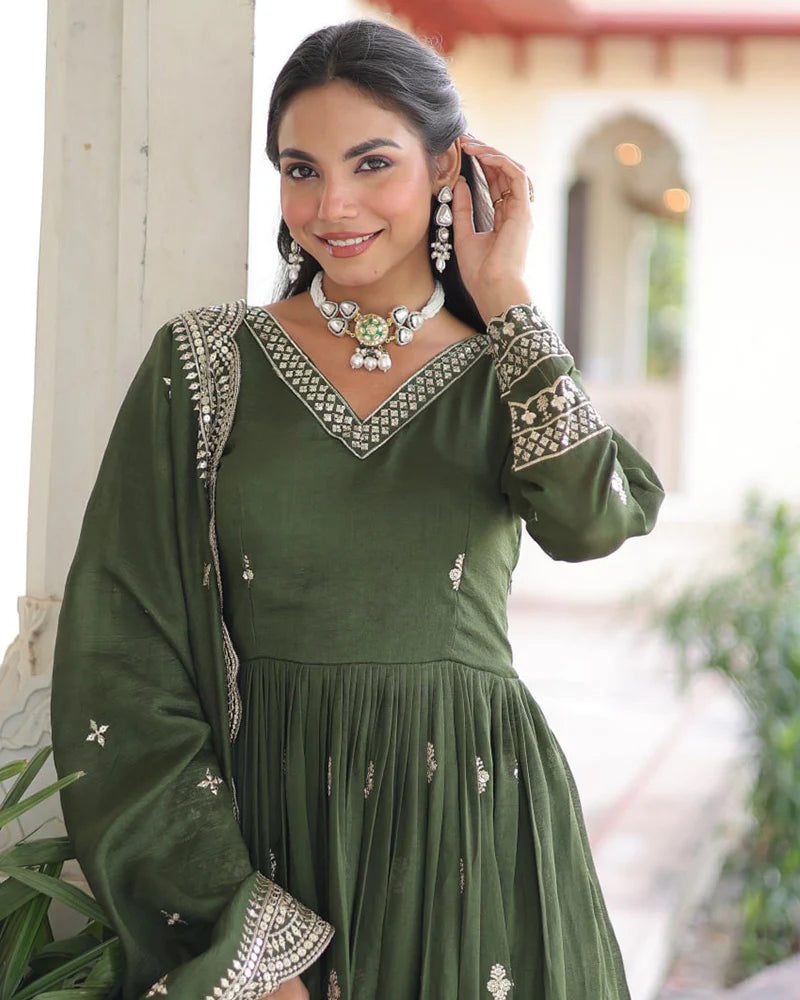 Womenline Olive Green Vichitra Silk Sequence Embroidered Gown