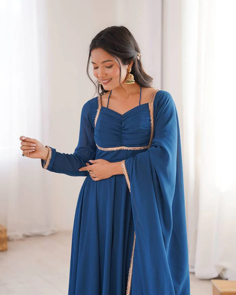 Womenline Teal Blue Color Pure Blooming Georgette Anarkali Gown