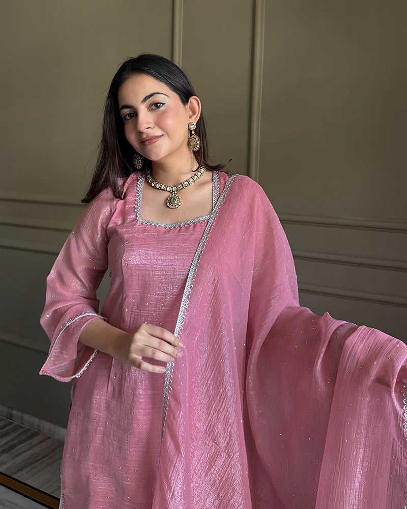 Womenline Pink Color Crunchy Silk Farshi Suit