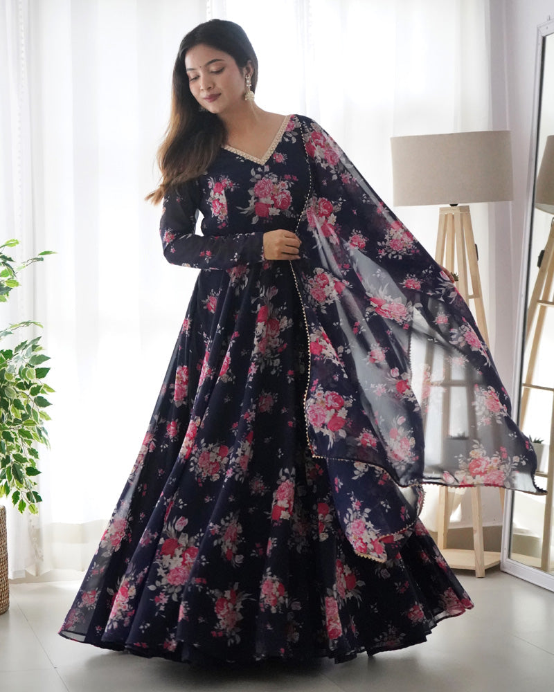 Womenline Floral Navy Blue Color Pure Soft Georgette Anarkali Suit