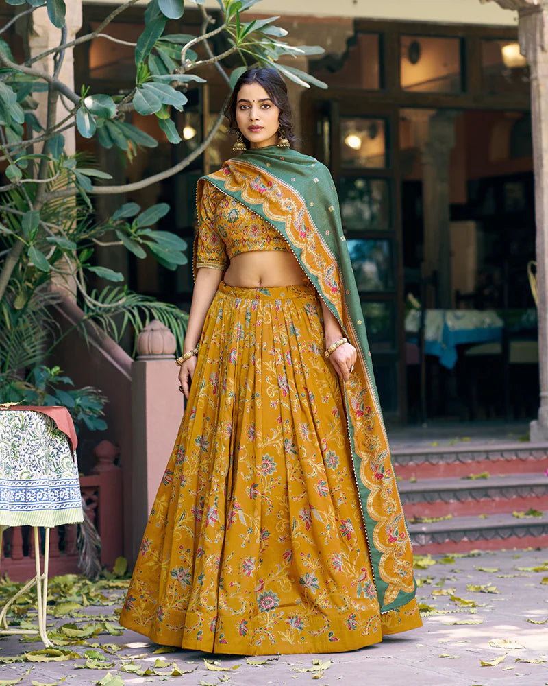 Womenline Mustard Color Tasar Silk Foil Printed Lehenga Choli