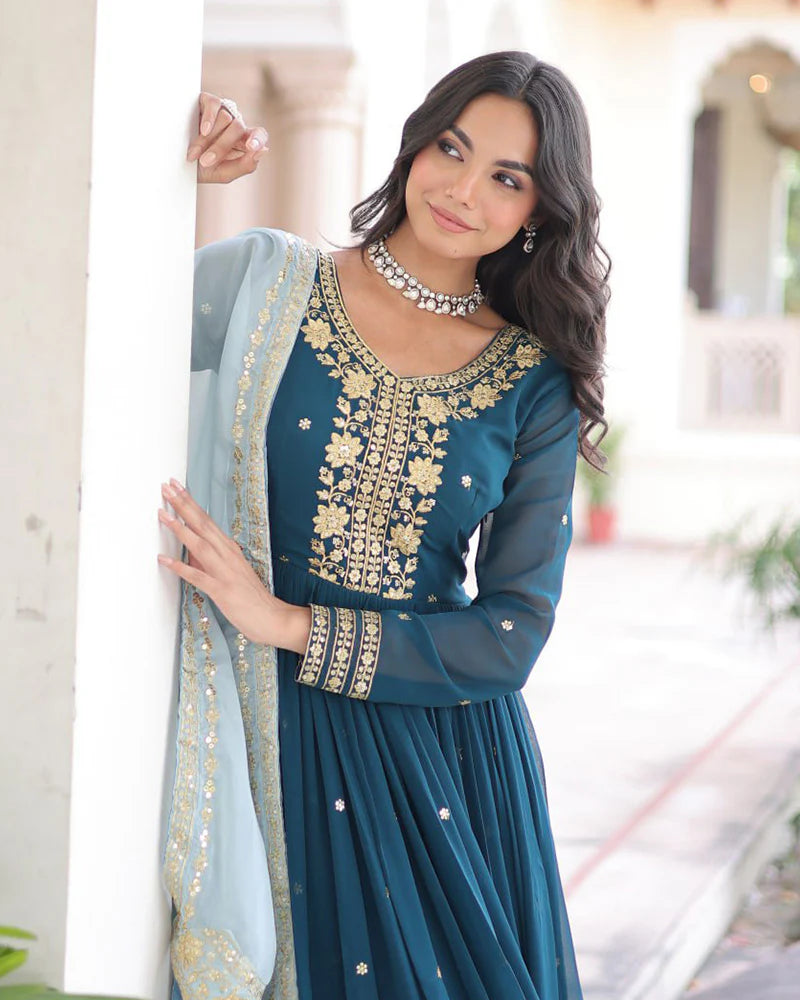 Womenline Peacock Blue Color Faux Blooming Embroidered Gown