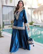 Womenline Peacock Blue Color Ice Velvet Embroidered Plazzo Suit