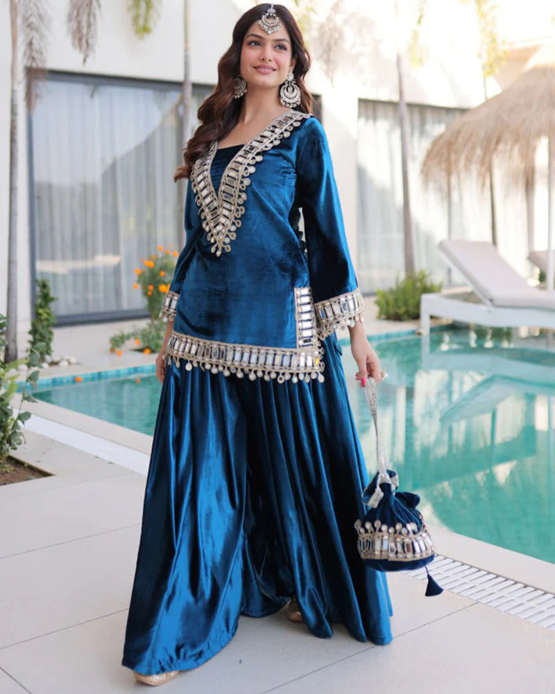 Womenline Peacock Blue Color Ice Velvet Embroidered Plazzo Suit