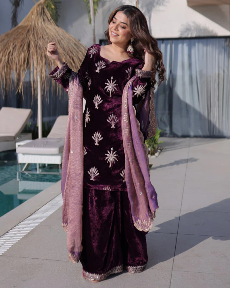 Womenline Wine Color Ice Velvet Embroidered Plazzo Suit