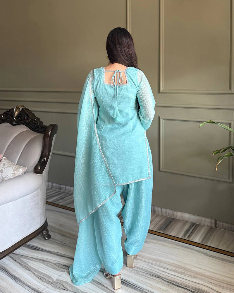 Womenline Sky Blue Color Crunchy Silk Farshi Suit