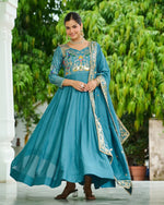 Womenline Teal Blue Color Vichitra Silk Sequence Embroidered Gown