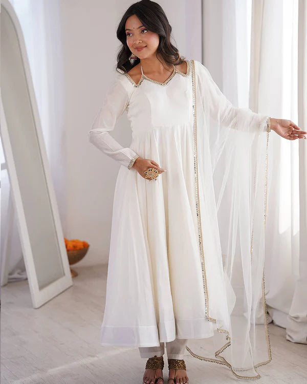 Womenline White Color Chanderi Roman Silk Three Piece Anarkali Suit