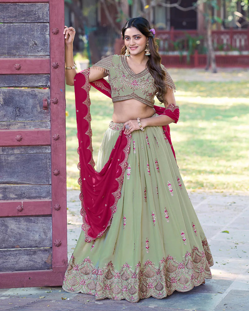 Womenline Pista Color Star Georgette Embroidered Lehenga Choli