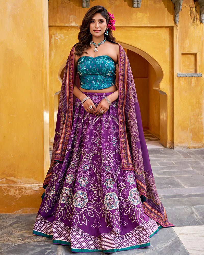 Womenline Purple Color Vichitra Silk Printed And Embroidered Lehenga Choli