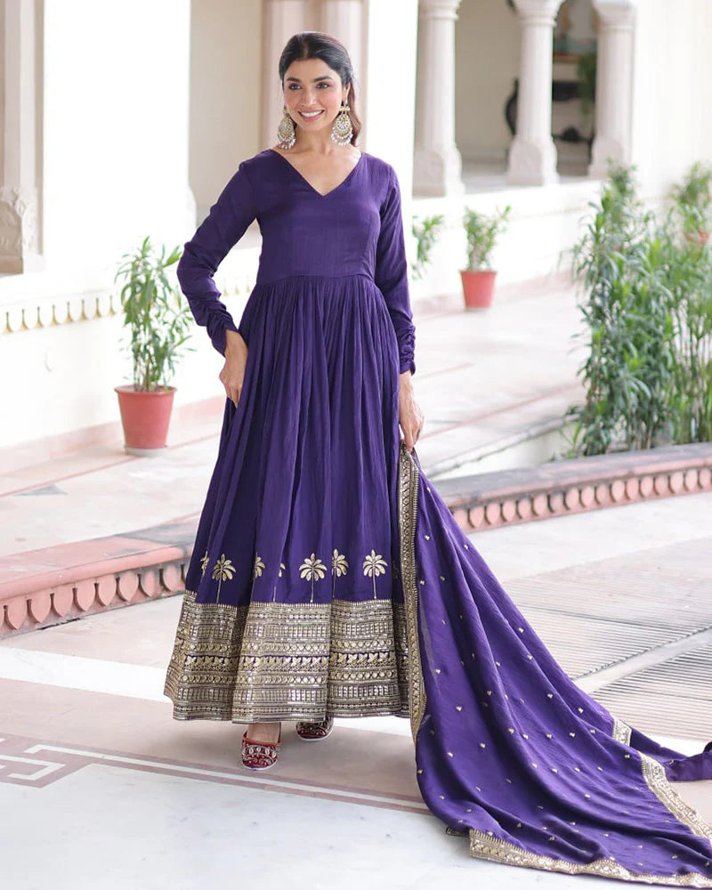 Womenline Royal Violet Color Vichitra Silk Sequence Embroidered Gown