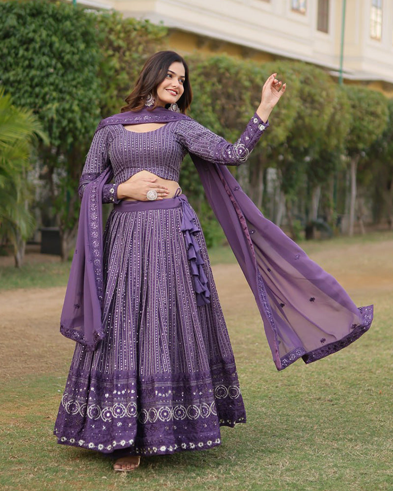 Womenline Purple Color Georgette Sequence Embroidery Lehenga Choli