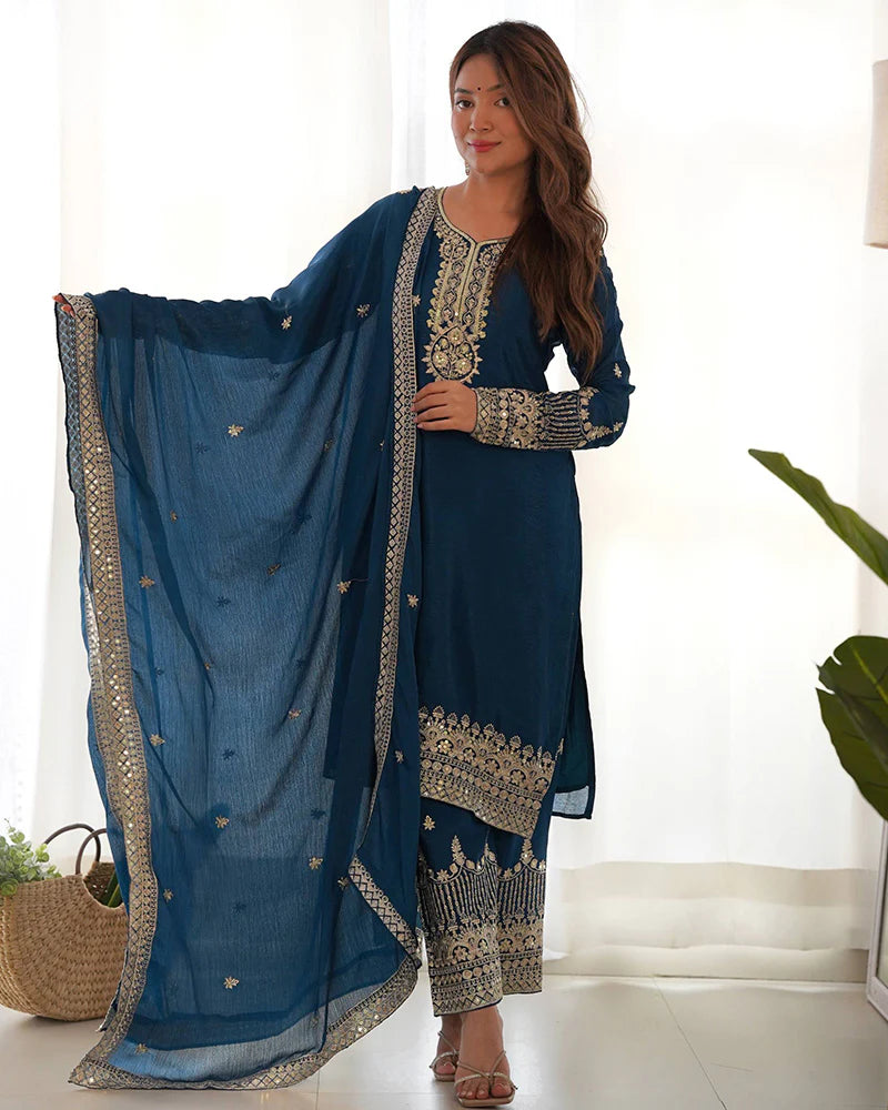 Womenline Morpich Color Pure Chinon Silk Three Piece Kurti Suit