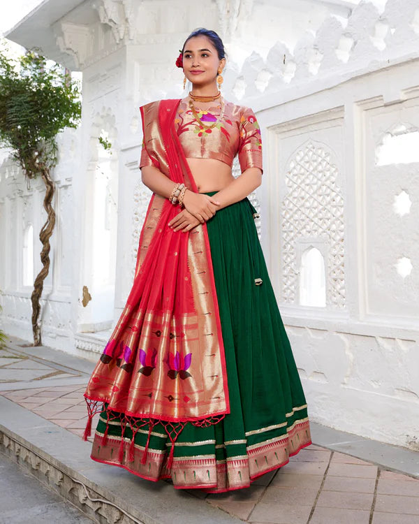 Womenline Green Color Vichitra Silk Jacquard Paithani Silk Half Saree
