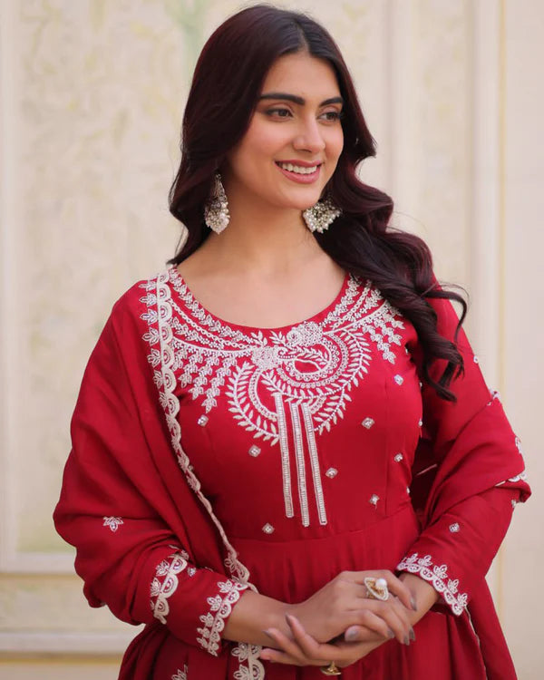 Womenline Royal Red Color Mal Chanderi Cotton Anarkali Suit