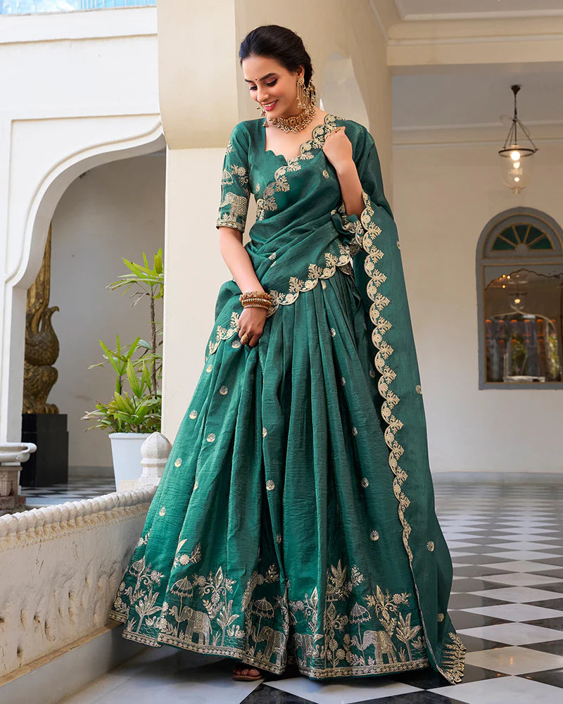 Womenline Teal Green Color Gold Crush Embroidered Lehenga Choli
