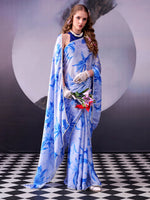 Womenline Stuning Sky Blue Color Floral Print Satin Silk Saree