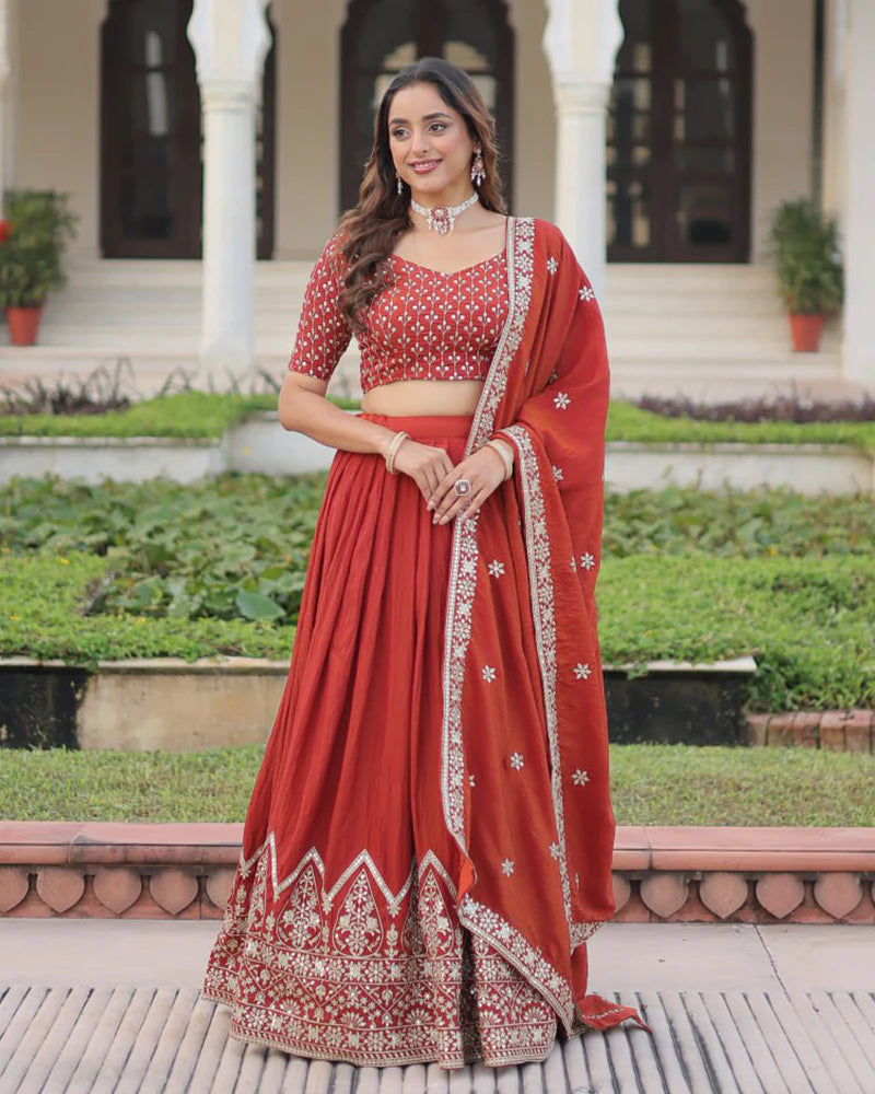 Womenline Rust Orange Color Vichitra Silk Embroidered Lehenga Choli
