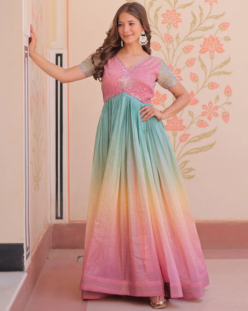 Womenline Puce pink Color Gold Crush Embroidered work Gown