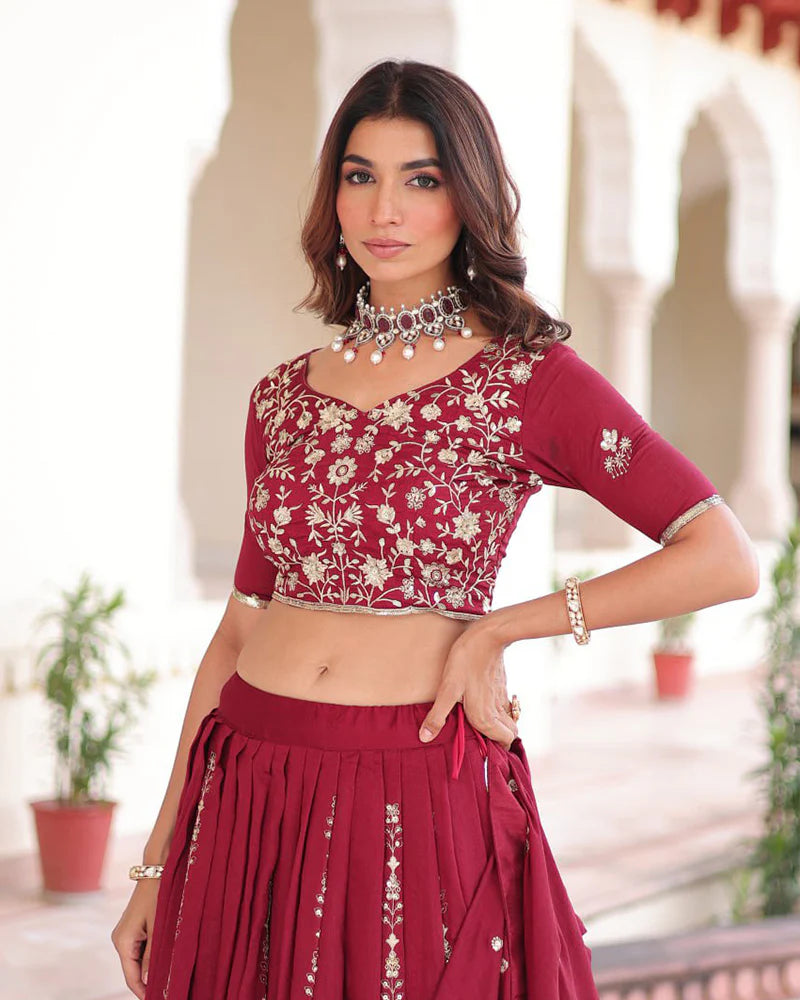 Womenline Maroon Color Vichitra Silk Embroidered Lehenga Choli