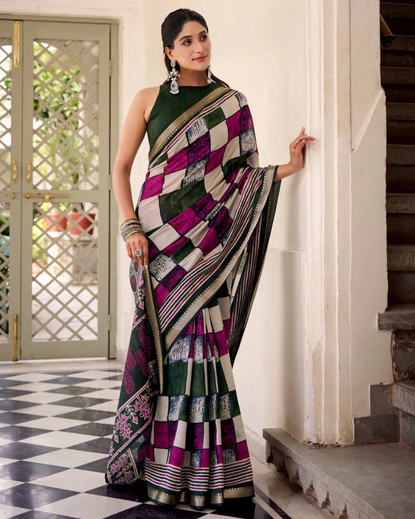 Womenline Green Color Polyester Chanderi Printed Saree