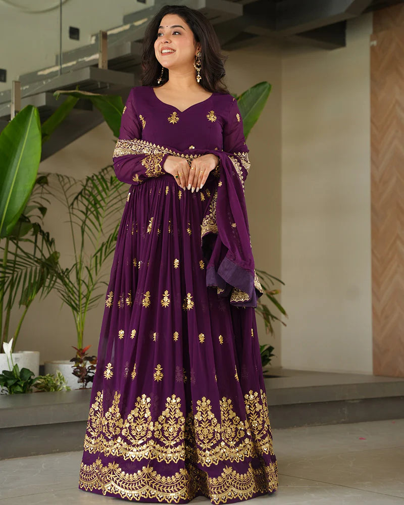 Womenline Purple Color Designer Blooming Embroidered Gown