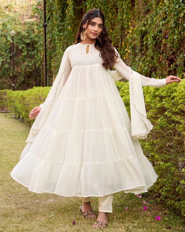 Womenline Off-White Color Marble Three Piece Anarkali Suit