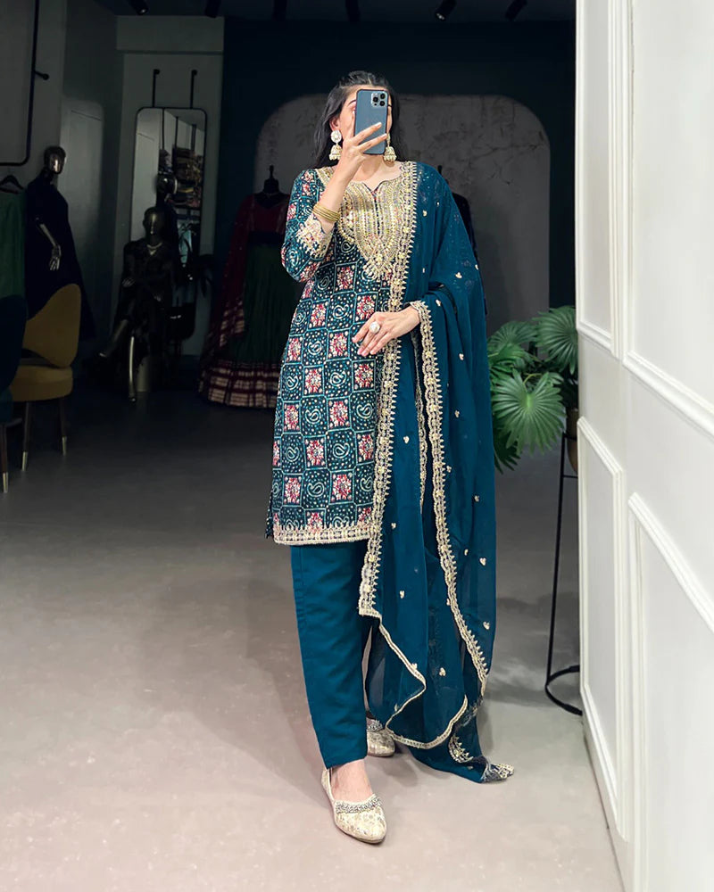 Womenline Rama Color Rayon Three Piece Kurti Suit