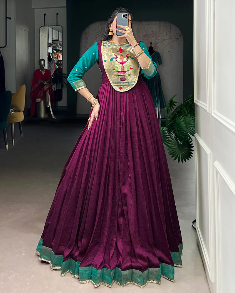 Womenline Wine Color Vichitra Silk Zari Weaving Gown