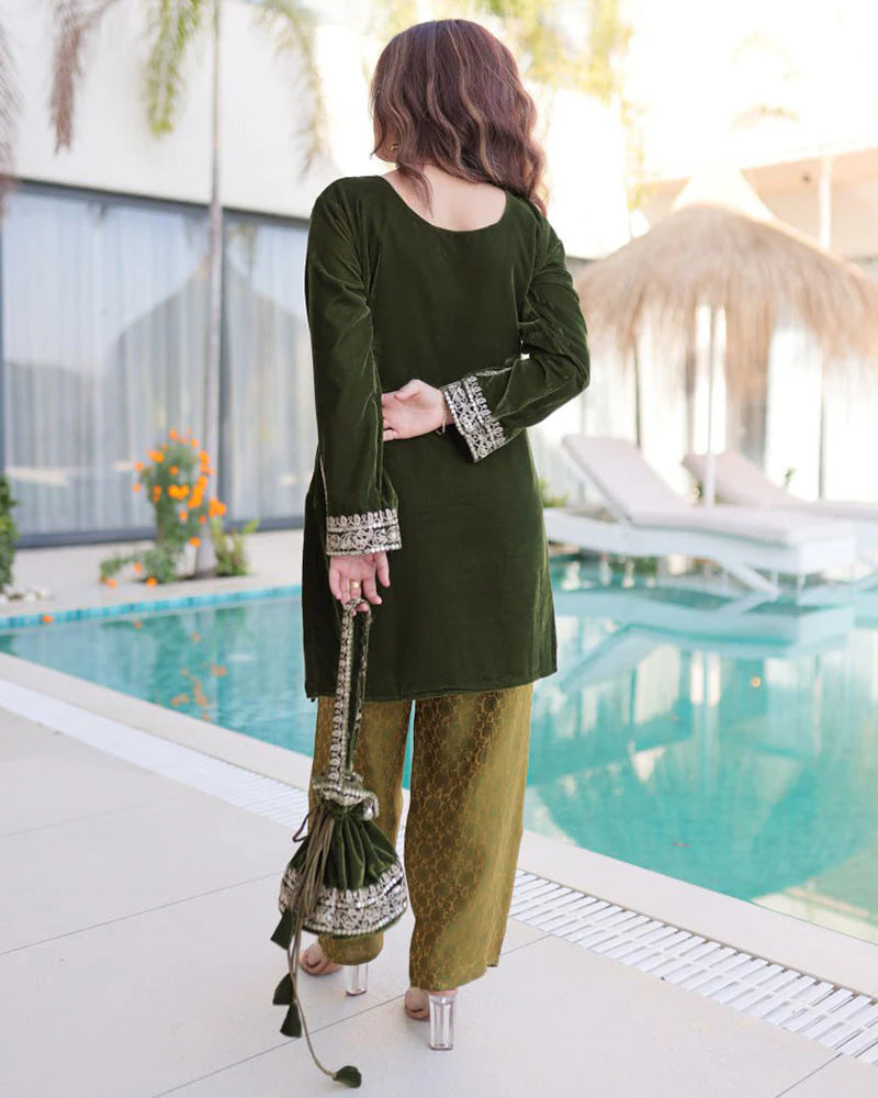 Womenline Mehndi Color Velvet Embroidered Kurti Suit